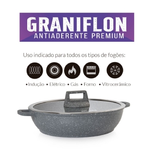 Caçarola Baixa 28cm Antiaderente Alumínio Injetado Cinza Graniflon Moda do Chef